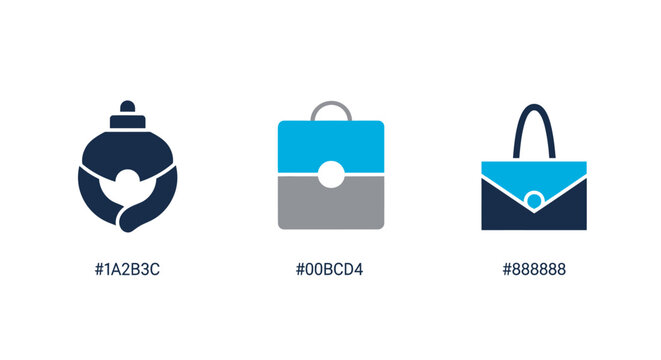 Three minimalist vector bag icons with corresponding color hex codes