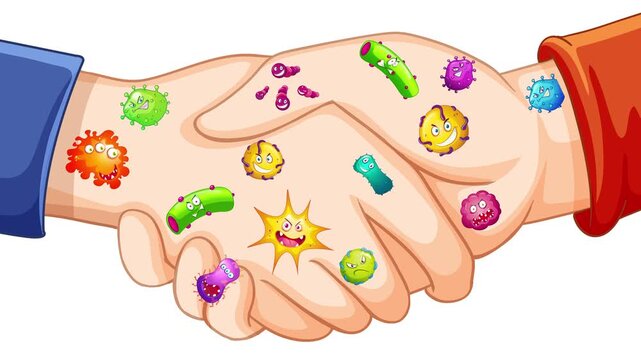 Animation of shaking hands spreading germs and bacteria on white and green background.