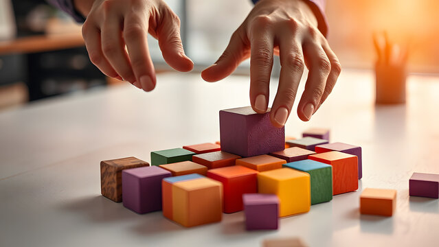 Creative hands arranging colorful abstract geometric blocks on clean white desk. Innovation, business strategy, problem-solving, planning, design, dev