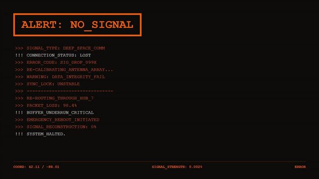 Futuristic No Signal Alert HUD with Orange Digital Warning Text and Deep Space Communication System Failure Emergency Monitoring Interface.
