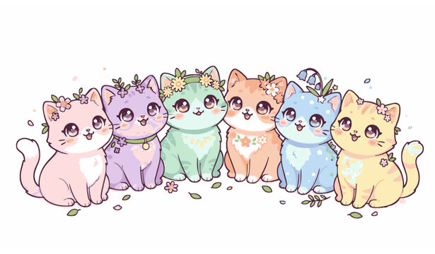 Cute anime cartoon cats with spring flowers vector illustration adorable kittens friendship pet collection design