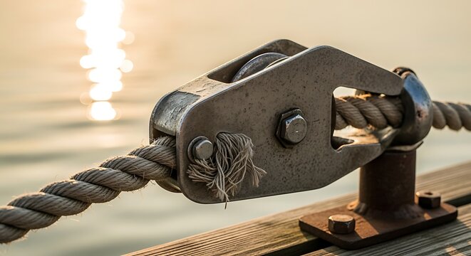 Close-up of metal rope clamp fitting.