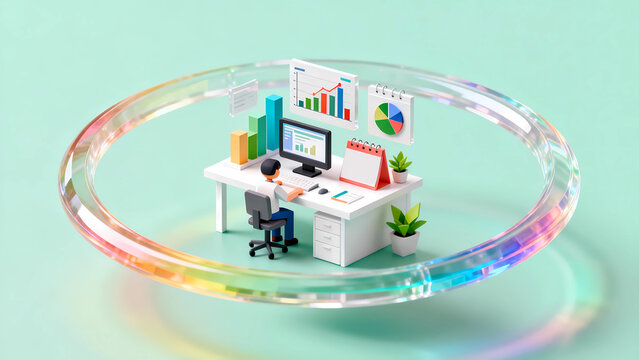 Digital office scene low poly 3D illustration