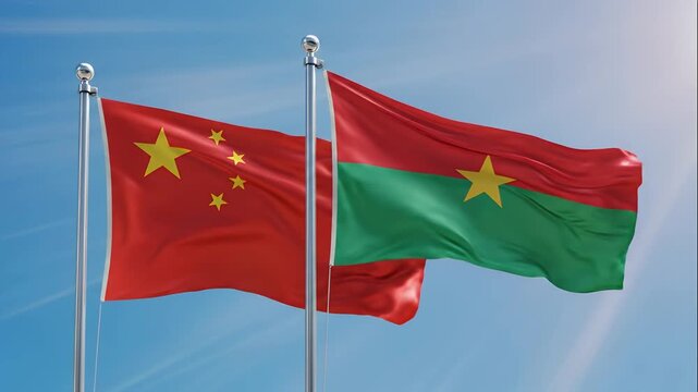 China and Burkina Faso National Flags Waving in Blue Sky