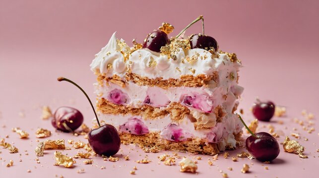 Cherries and cream icebox cake styled with edible gold flakes, pastel blush background, luxury dessert aesthetic
