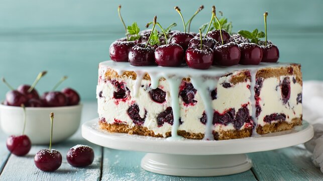 Cherries and cream icebox cake topped with whole cherries and light glaze, pastel green background, fresh seasonal mood