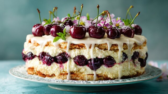 Cherries and cream icebox cake topped with whole cherries and light glaze, pastel green background, fresh seasonal mood