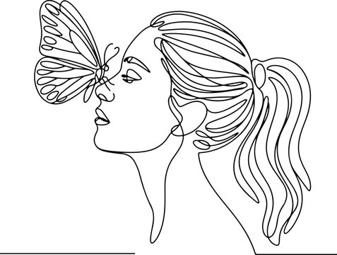 Minimalist Continuous Line Art of Woman with Butterfly. Beauty Freedom and Nature Illustration