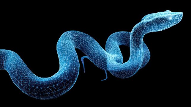 Glowing blue wireframe snake slithers across a stark black background