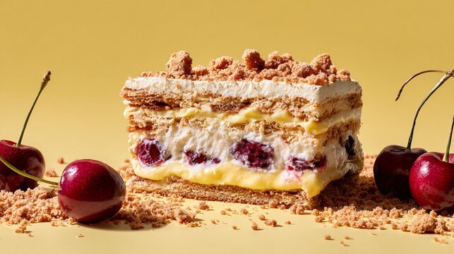 Cherries and cream icebox cake with crushed biscuit crumbs scattered around, pastel yellow background, natural texture