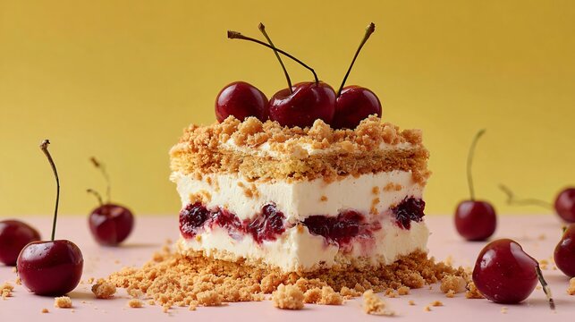 Cherries and cream icebox cake with crushed biscuit crumbs scattered around, pastel yellow background, natural texture