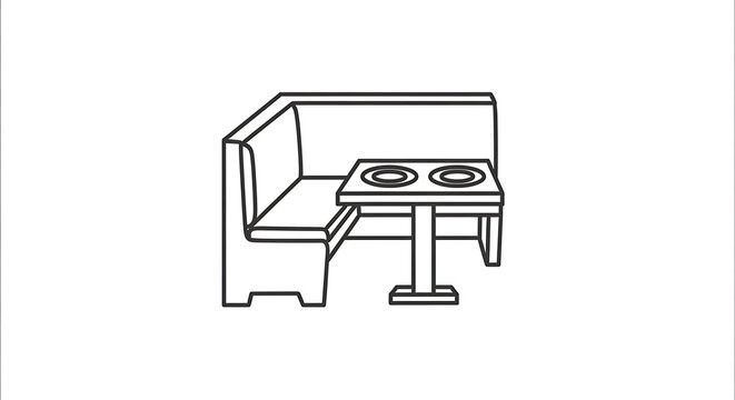 A line drawing of a booth with a table and two circular objects on top