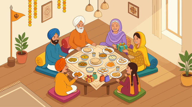 A heartwarming flat design illustration depicting a Sikh family celebrating Vaisakhi, sharing a traditional meal and gifts together. 