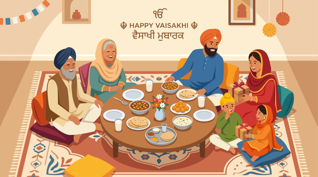 A heartwarming flat design illustration depicting a Sikh family celebrating Vaisakhi, sharing a traditional meal and gifts together. 