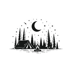 Camping tent with a campfire in a pine forest at night under the moon and stars illustration © azad
