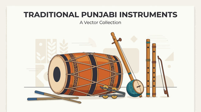 vector artwork represA detailed flat design illustration showcasing a collection of traditional Punjabi musical instruments, central to Vaisakhi and Sikh celebrations. 