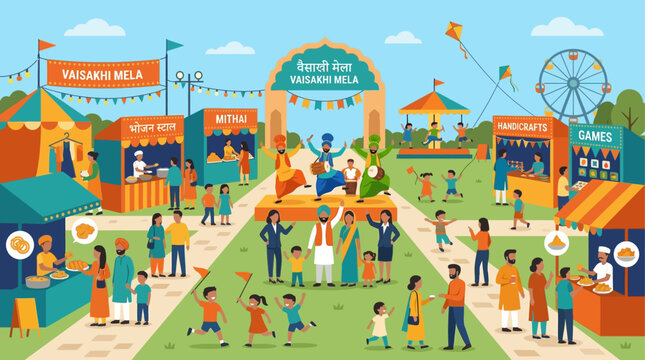 A lively flat design illustration of a Vaisakhi mela (fair), bustling with activity, people, and stalls, reflecting the vibrant energy of the festival.