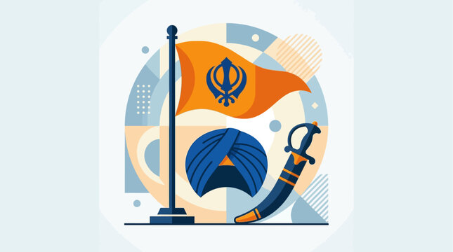 A powerful flat design illustration of key Sikh symbols &ndash; the Khalsa flag, Kirpan, and turban &ndash; representing the spirit of Vaisakhi. 