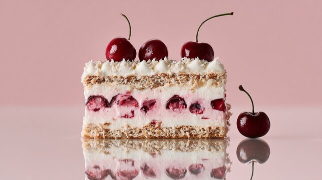 Cherries and cream icebox cake with subtle reflection on glossy pastel surface, light pink background, soft highlights