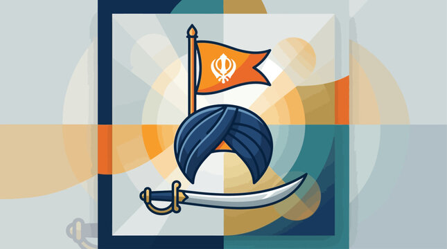 A powerful flat design illustration of key Sikh symbols &ndash; the Khalsa flag, Kirpan, and turban &ndash; representing the spirit of Vaisakhi. 
