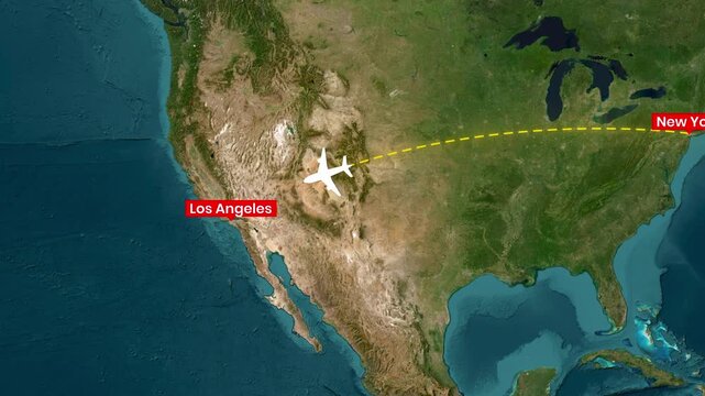 Airplane traveling across the United States from New York to Los Angeles motion clip