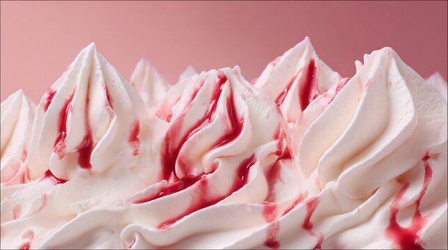 Close up macro of airy whipped cream peaks and cherry juice streaks, pastel pink background, shallow depth of field