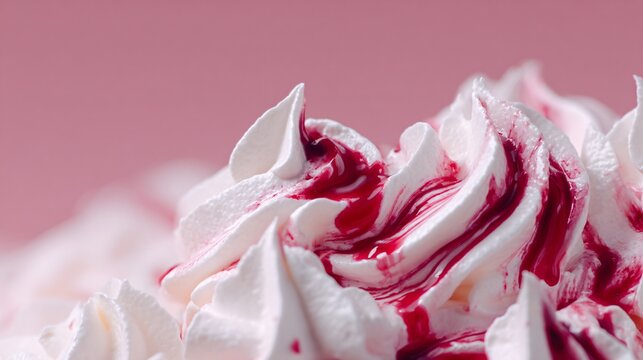 Close up macro of airy whipped cream peaks and cherry juice streaks, pastel pink background, shallow depth of field