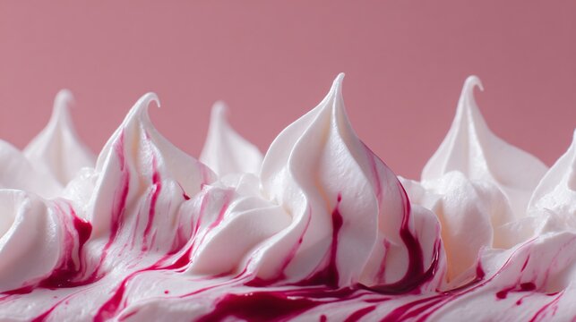 Close up macro of airy whipped cream peaks and cherry juice streaks, pastel pink background, shallow depth of field