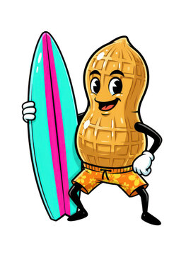 Smiling cartoon peanut character holding surfboard