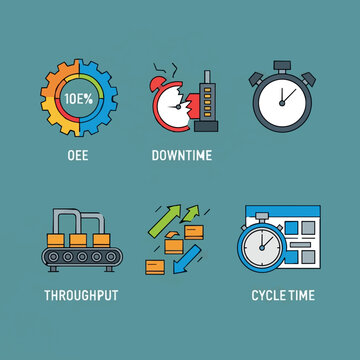 Manufacturing metrics icons vector including oee downtime throughput and cycle time with flat style design elements