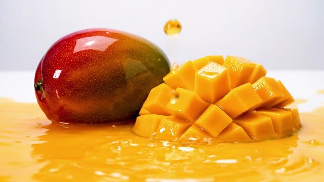 Fresh organic mango slices and tropical fruit decor are arranged on a white plate with festive Christmas decorations on a healthy holiday table