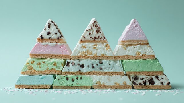 Flat lay of mini individual icebox cakes arranged in a triangle composition, pastel mint background, playful styling
