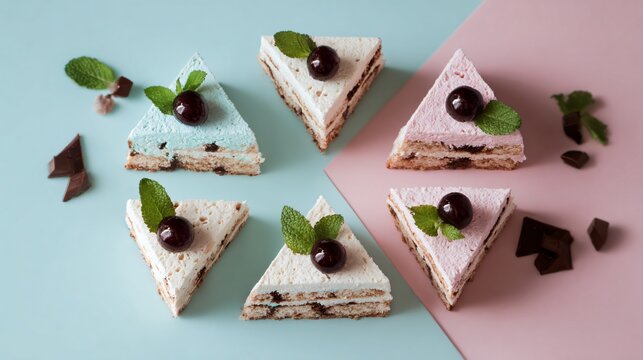 Flat lay of mini individual icebox cakes arranged in a triangle composition, pastel mint background, playful styling