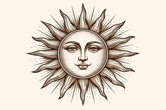 Vintage Retro Engraving Style Illustration of a Radiant Sun with a Human Face, Celestial Solar Symbol with Wavy Rays and Stippled Texture, Mystical Occult Esoteric Astrology Vector Graphic Art.
