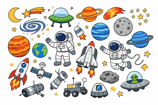 Outer Space Doodle Vector Set with Astronauts, Planets, Rockets, UFOs, and Stars. Hand Drawn Cosmos Elements including Space Shuttle, Satellite, Alien, Moon, and Galaxy Isolated on White Background