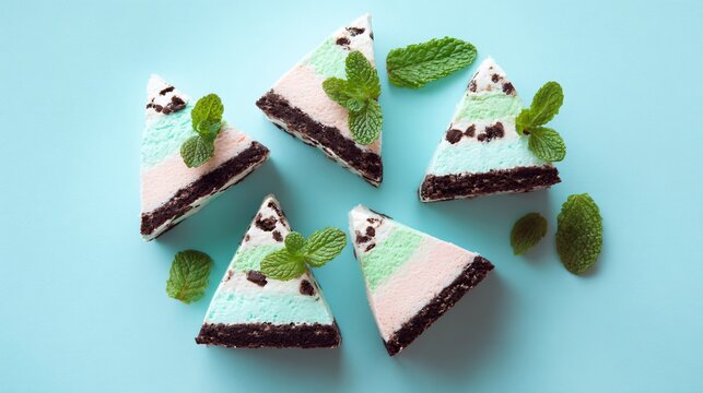 Flat lay of mini individual icebox cakes arranged in a triangle composition, pastel mint background, playful styling