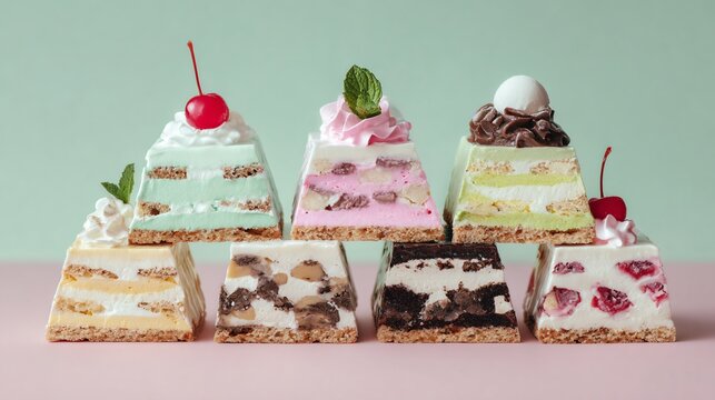 Flat lay of mini individual icebox cakes arranged in a triangle composition, pastel mint background, playful styling