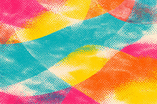 Vibrant Abstract Halftone Risograph Texture with Grainy Print Surface and Visible Dot Matrix. Colorful Retro Analog Imperfection Pattern Background for Artistic Design and Creative Projects.