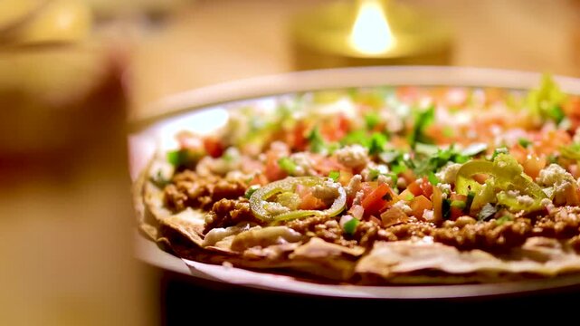 Close up on a delicious flatbread pizza with toppings and jalape&ntilde;os, with candle flame in background.