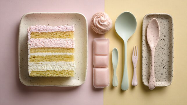 Flat lay with cake and pastel utensils aligned parallel, clean modern design, soft lighting