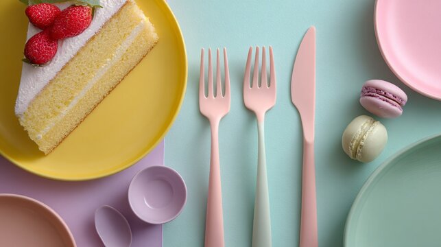 Flat lay with cake and pastel utensils aligned parallel, clean modern design, soft lighting