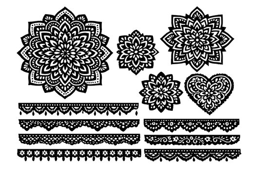Set of intricate papercut style ornamental lace borders and mandala motifs with decorative cutout patterns for textile design, scrapbooking, and stencils. Black silhouette floral ethnic elements.