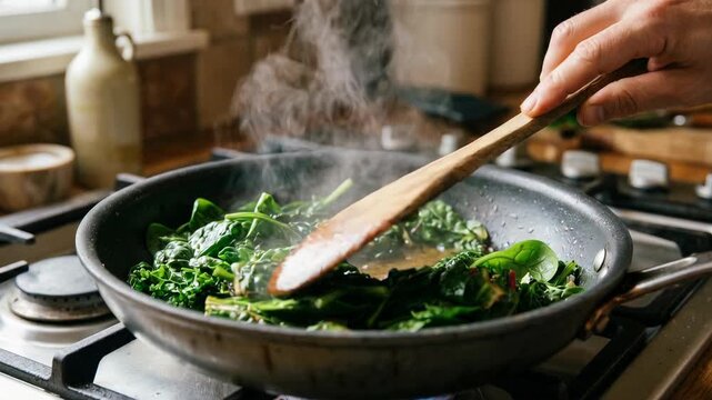 Hand gently stirs vibrant green spinach, healthy vegetable food, in hot frying pan on gas stove. Steam rises as nutritious meal cooks, delightful culinary experience of wholesome homemade goodness