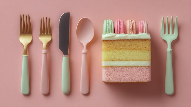 Flat lay with cake and pastel utensils aligned parallel, clean modern design, soft lighting