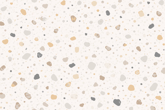 Seamless white terrazzo flooring texture with polished stone chips in neutral beige and grey tones. Modern quartz wall pattern with noise overlay for architectural interior design backgrounds.
