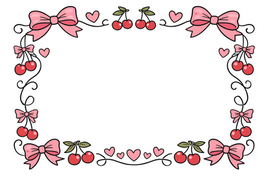 Whimsical Coquette Frame with Cute Pink Bows, Red Cherries, and Sweet Hearts. Hand-Drawn Decorative Border for Invitations, Cards, and Social Media. Aesthetic Vintage Parisian Style Illustration.