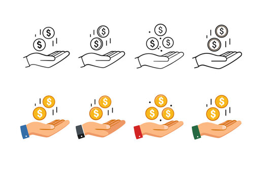 Hand Catching Falling Dollar Coins Icons Set in Outline and Flat Styles for Donation, Investment, Profit, and Savings. Vector Illustration of Money Earning, Charity, and Financial Growth Concepts.