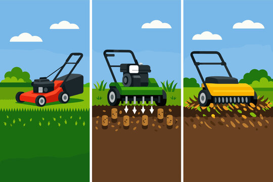 Professional Lawn Care Maintenance Vector Illustration Set Featuring Grass Mowing with Red Mower, Soil Aeration with Green Aerator Machine, and Dethatching or Scarification with Yellow Equipment.