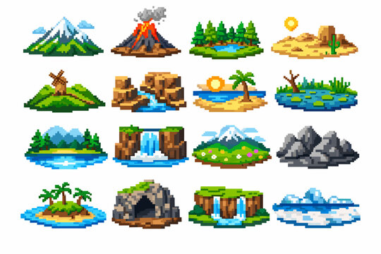 Pixel Art Nature Terrain Icon Set Featuring Landscape Elements Like Mountains, Volcano, Forest, Desert, Beach, Waterfall, Cave, and Island for Retro 8-bit Video Game Assets and Graphic Design