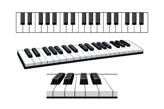 Vector illustration set of piano keys featuring three distinct views: a flat top-down layout, a 3D angled perspective, and a detailed close-up of the black and white musical keyboard segments.